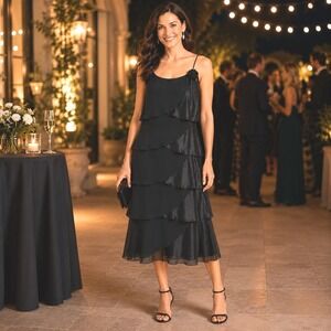 Patra Black Tiered Chiffon Cocktail Dress Size 14 Y2K Evening Wedding Guest
